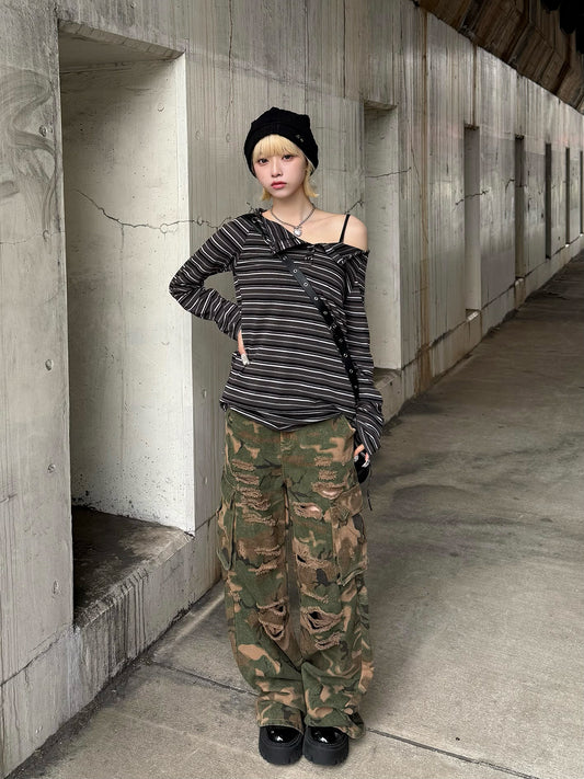 Camouflage Damage Cargo Denim Pants