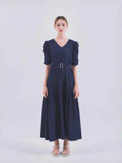 DENIM PUFF SLEEVE BELTED DRESS