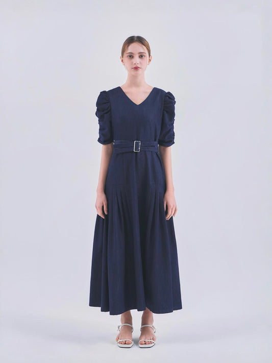 DENIM PUFF SLEEVE BELTED DRESS