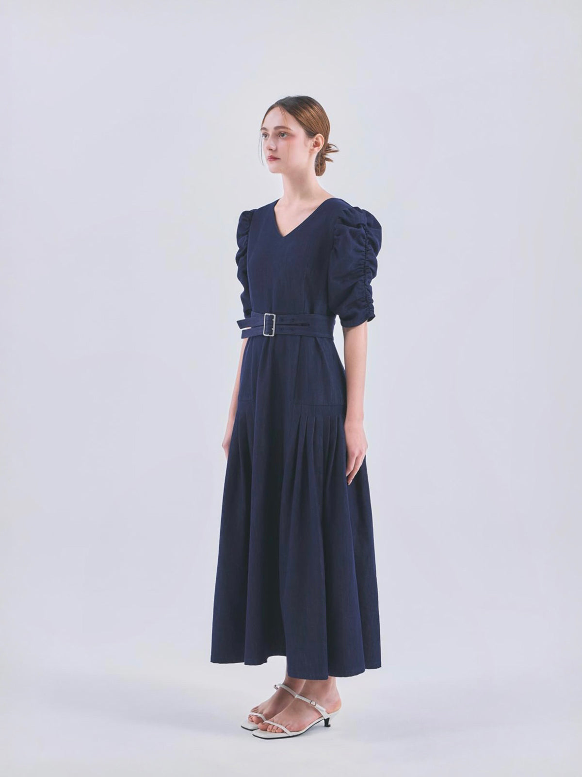 DENIM PUFF SLEEVE BELTED DRESS