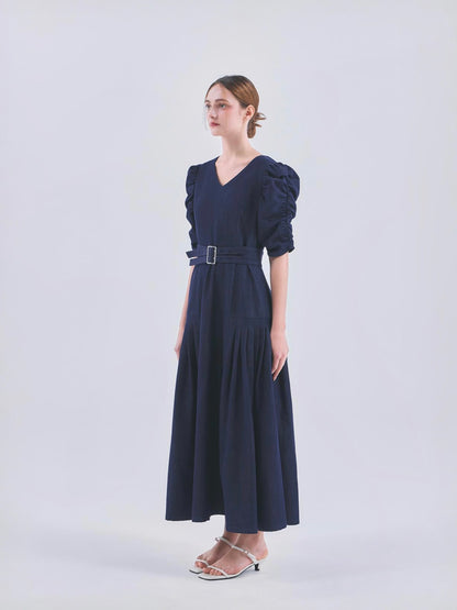 DENIM PUFF SLEEVE BELTED DRESS