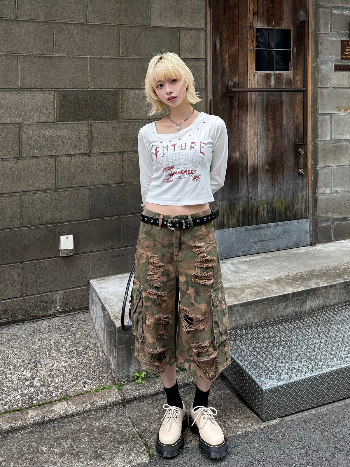 迷彩半损伤 cargo 牛仔裤