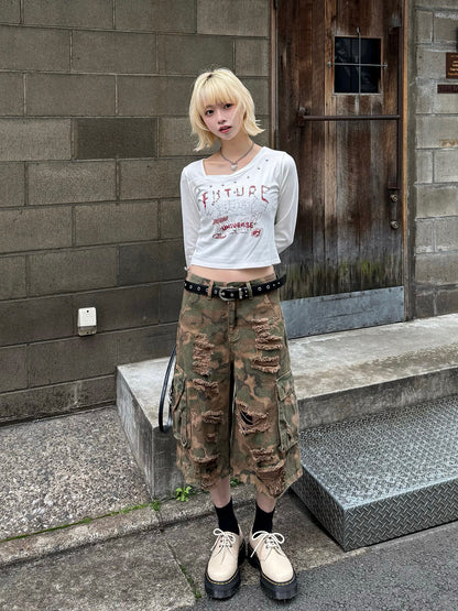 迷彩半损伤 cargo 牛仔裤