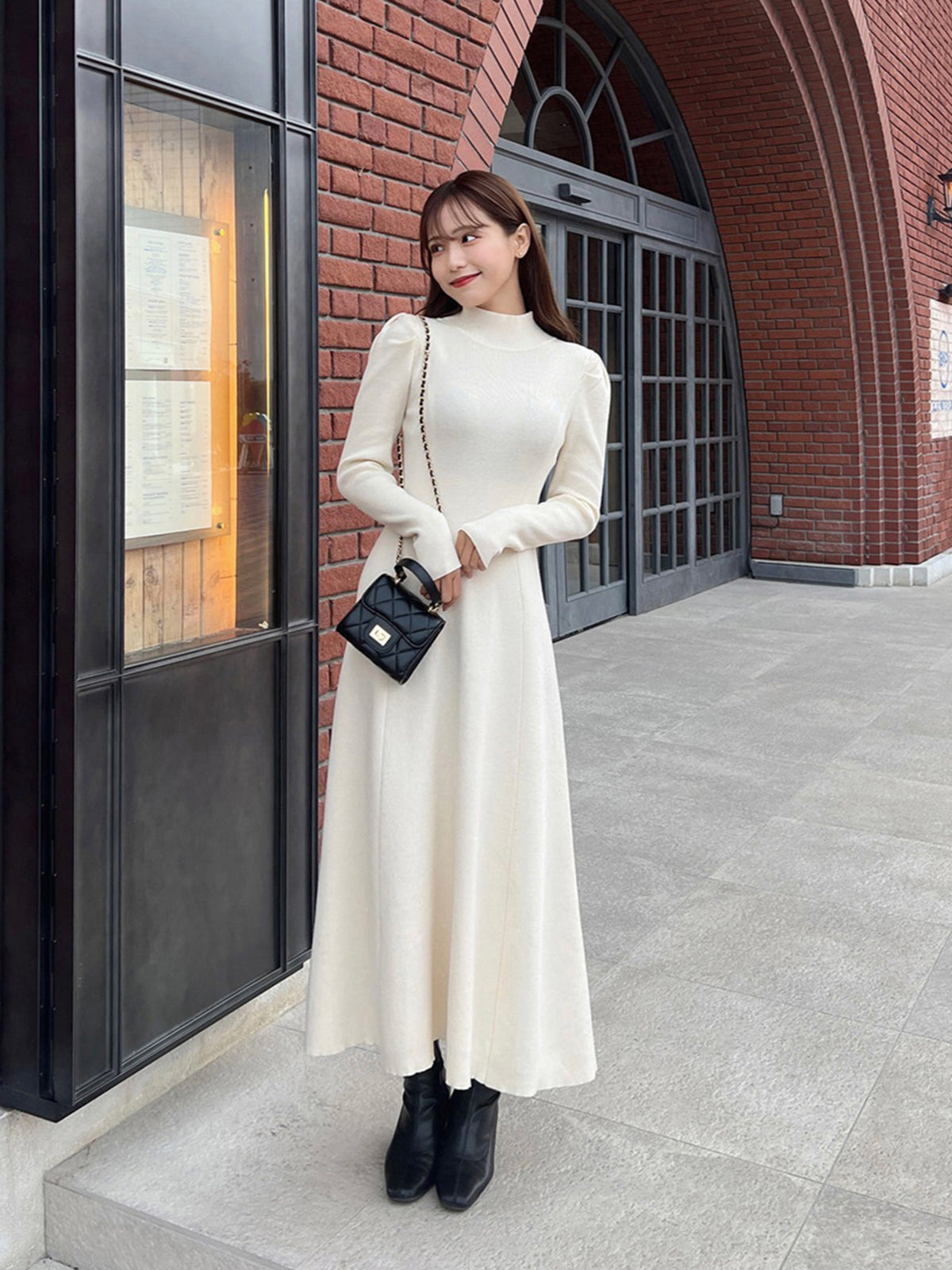 High neck A-line knit dress