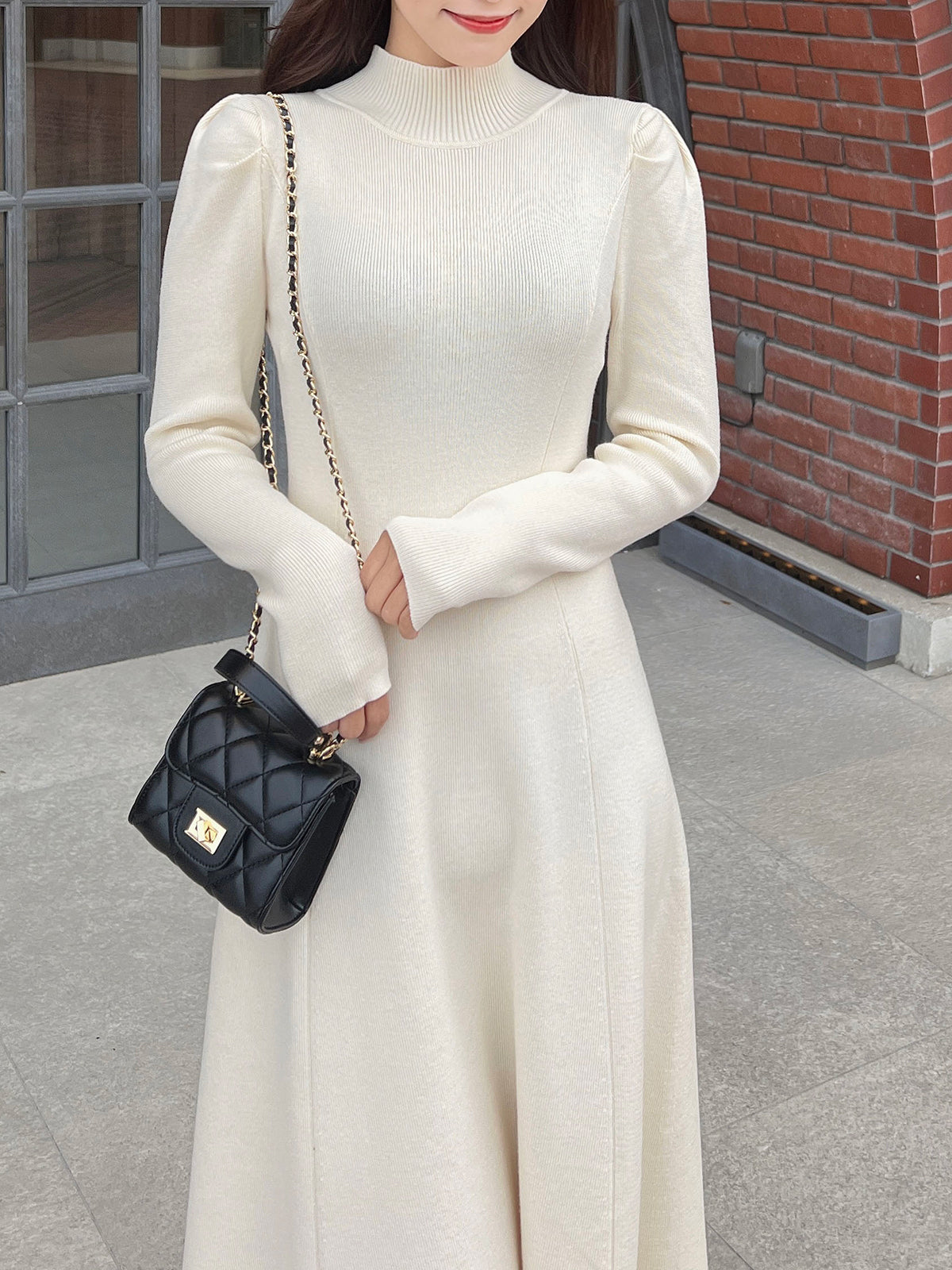 High neck A-line knit dress
