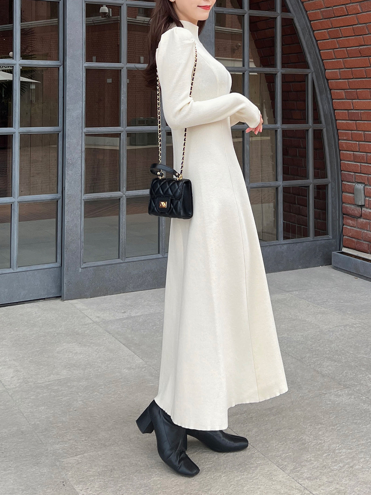 High neck A-line knit dress