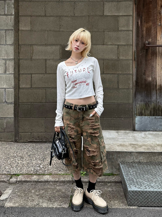 Camouflage Half-Damage Cargo Denim Pants