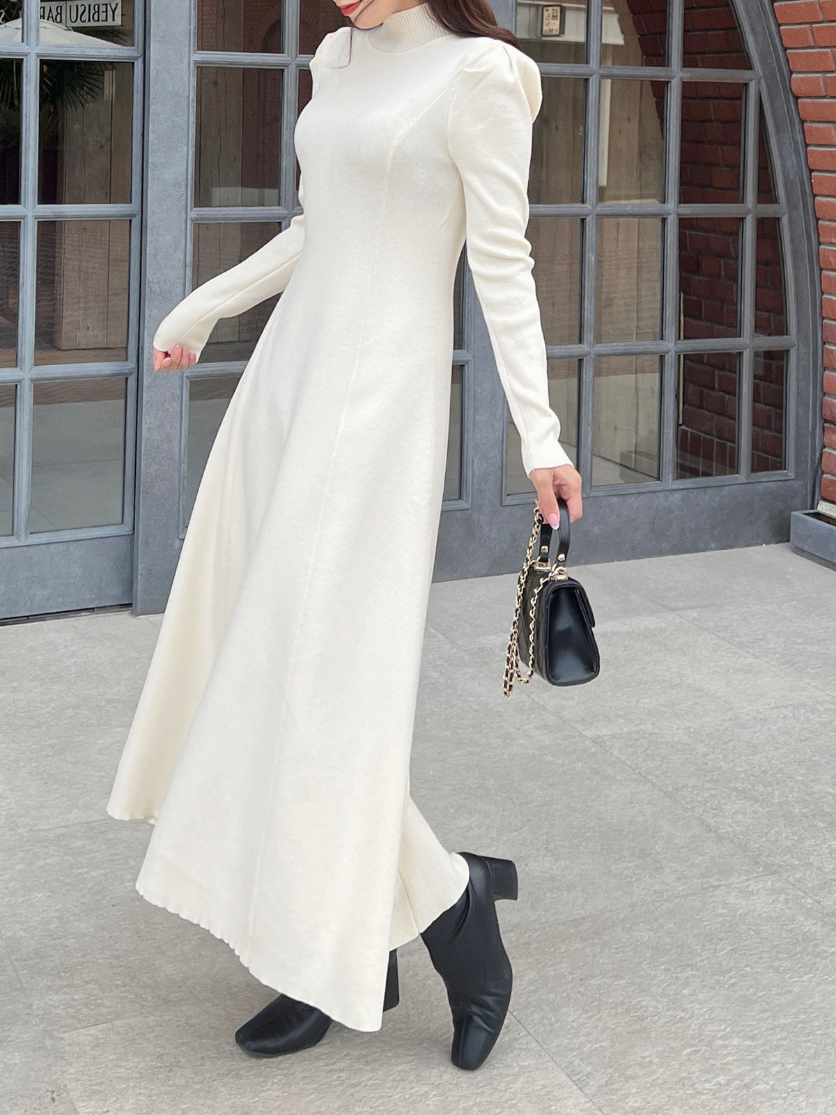 High neck A-line knit dress
