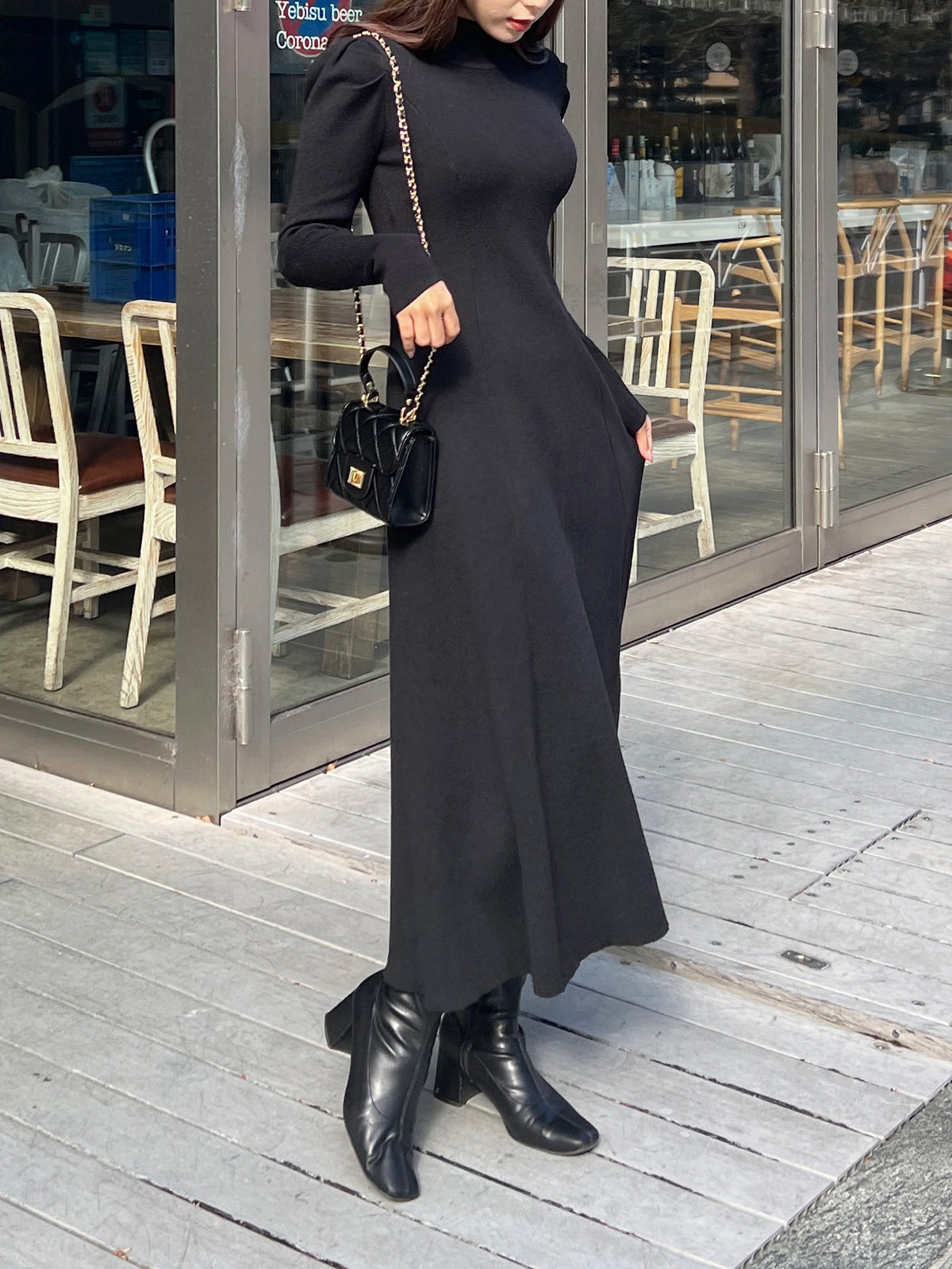 High neck A-line knit dress