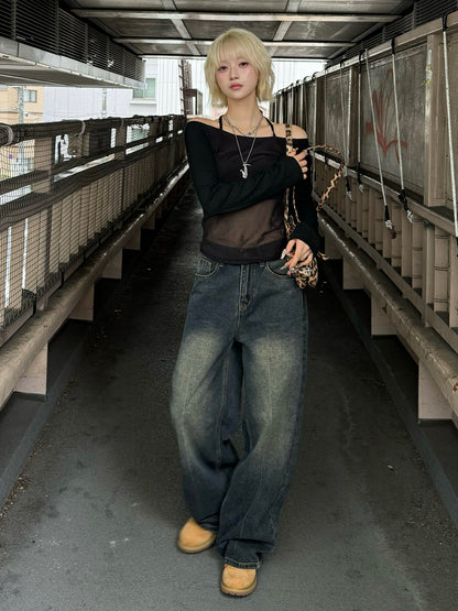 高腰洗水牛仔褲