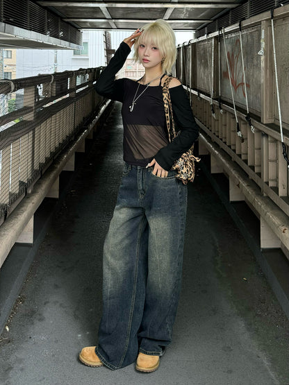 高腰洗水牛仔褲