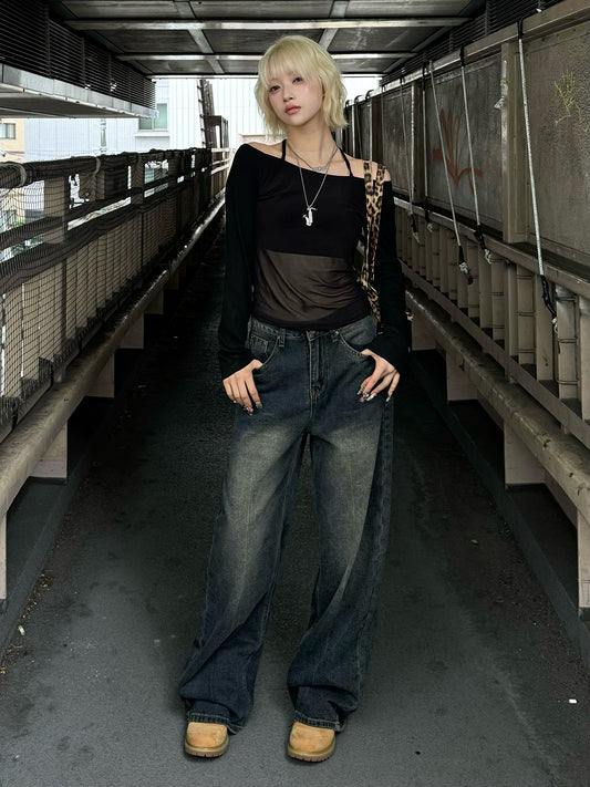 高腰洗水牛仔褲