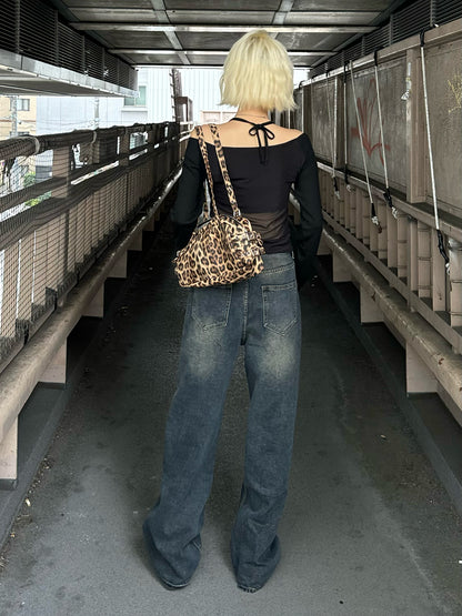 高腰洗水牛仔褲