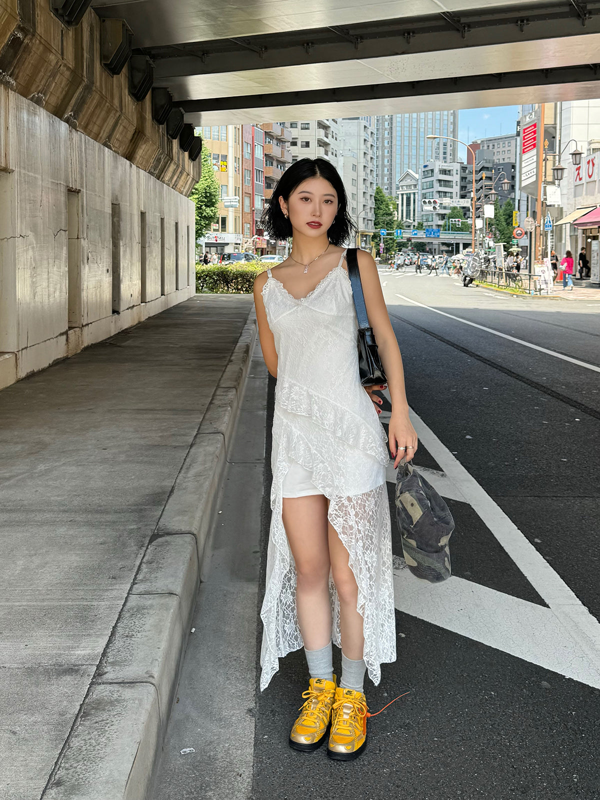 Asymmetrical lace cami dress