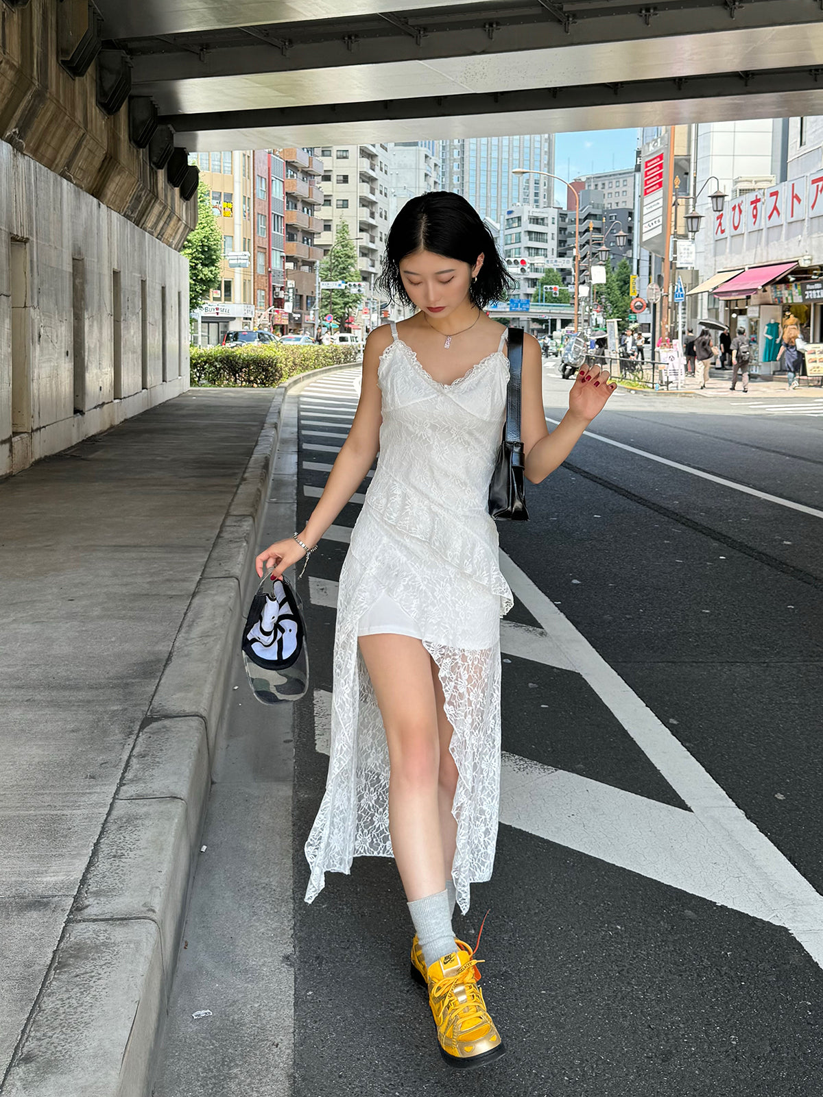 Asymmetrical lace cami dress