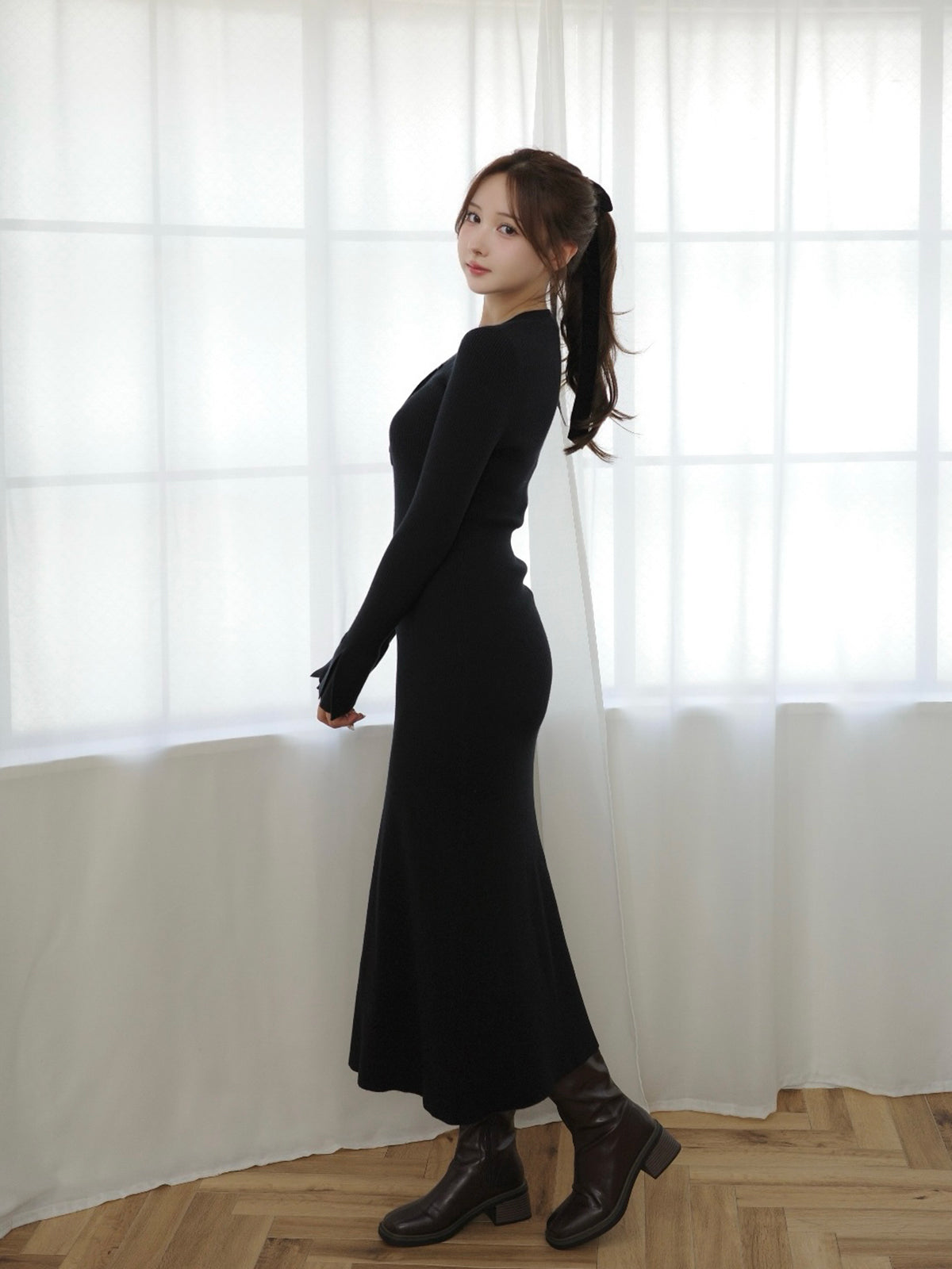 フロントボタンフレアニットワンピース【11月下旬予約】