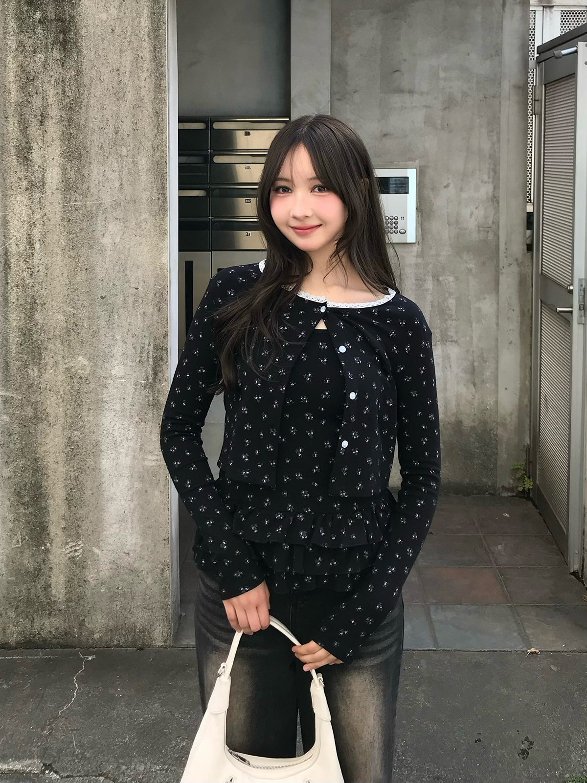 Frill Camisole Set with Flower Design Cardigan