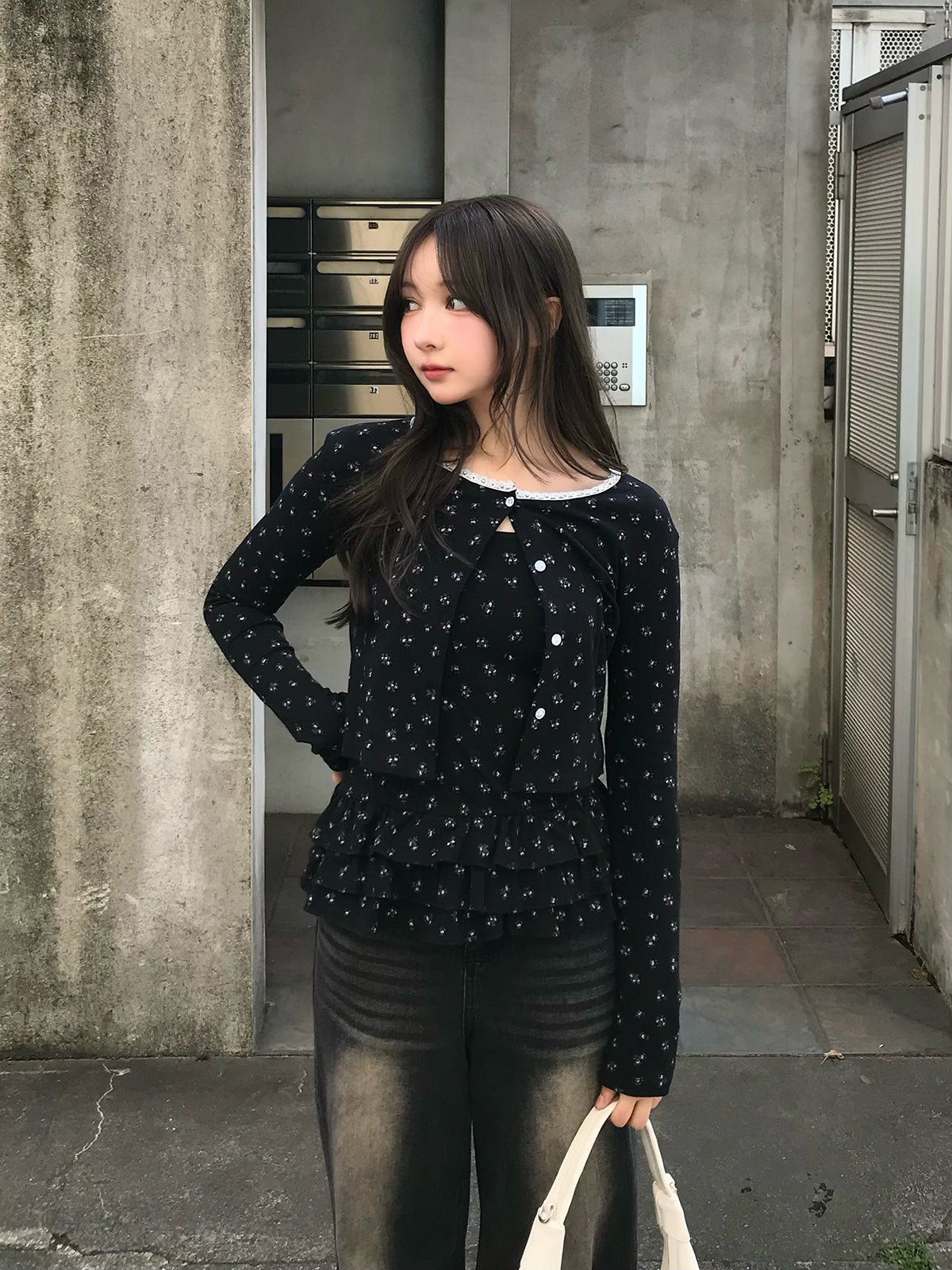 Frill Camisole Set with Flower Design Cardigan