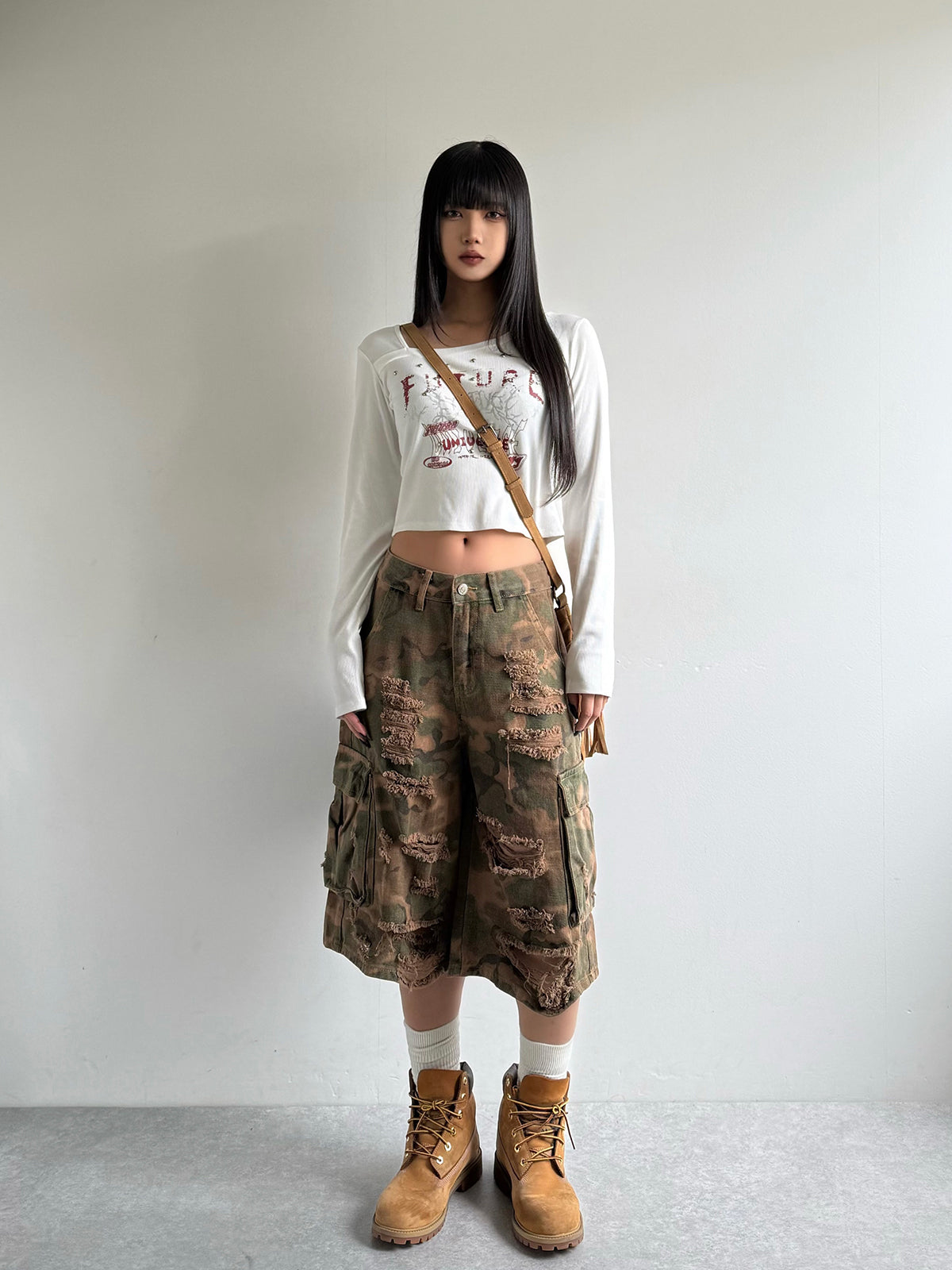 迷彩半损伤 cargo 牛仔裤