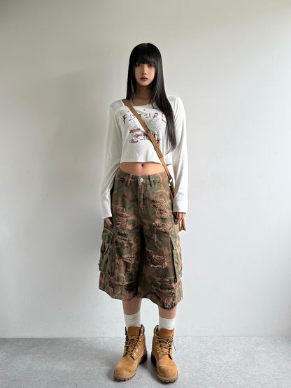 迷彩半损伤 cargo 牛仔裤
