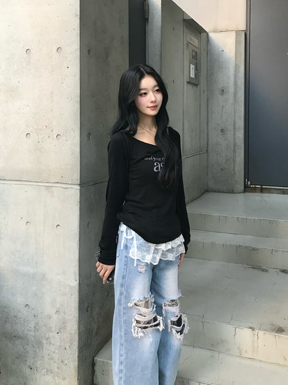 层叠蕾丝破损牛仔裤
