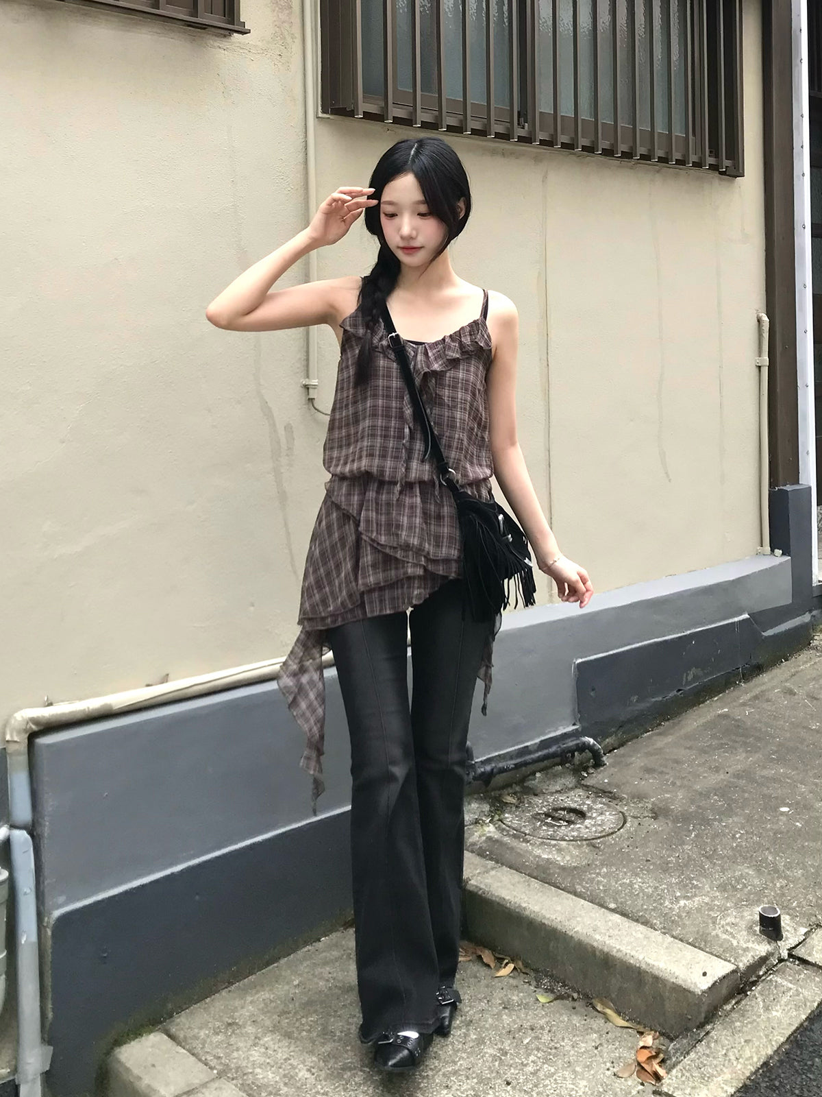 チェックフリルアシメミニワンピース
