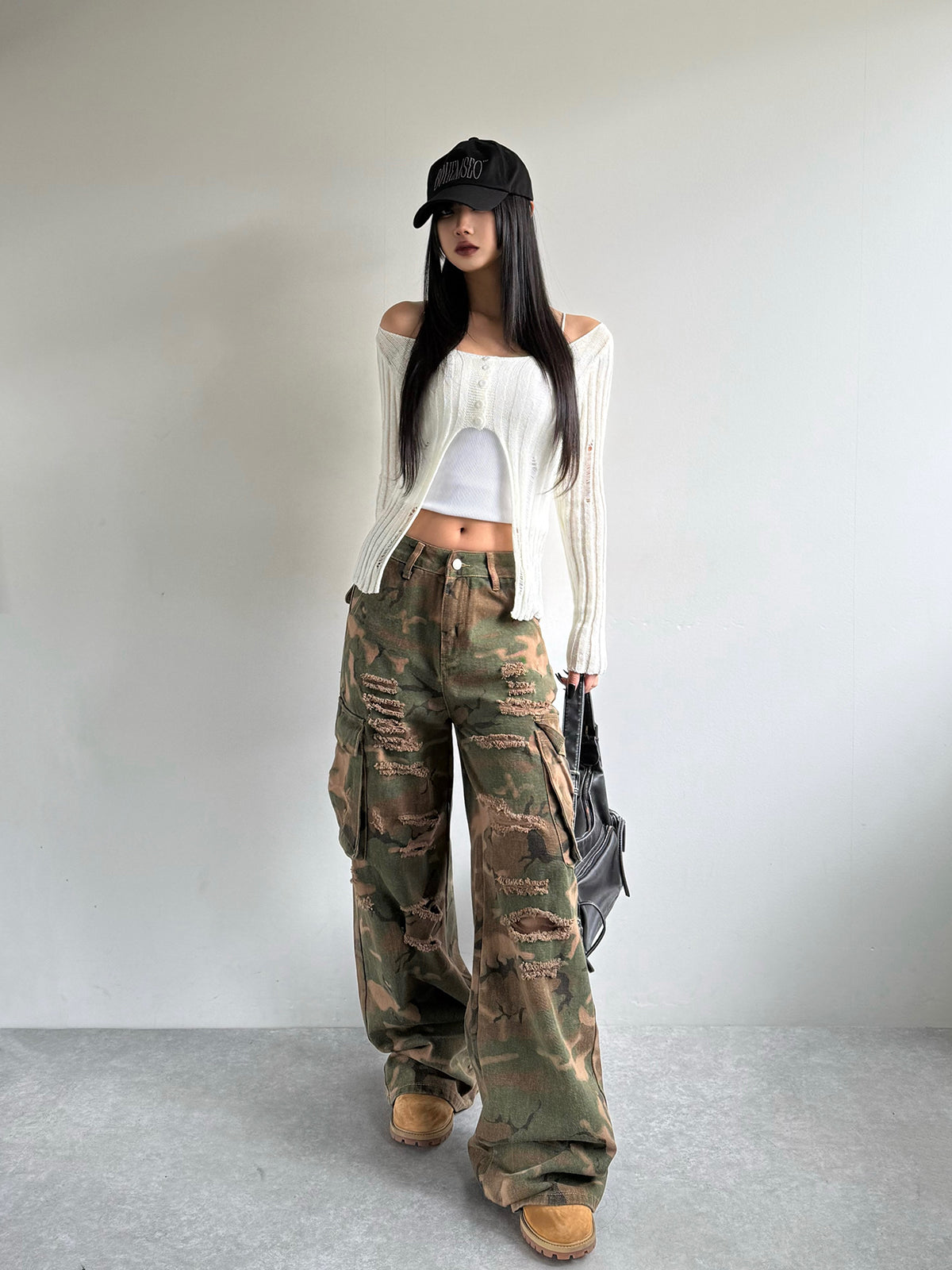 迷彩破壞風格工裝牛仔褲