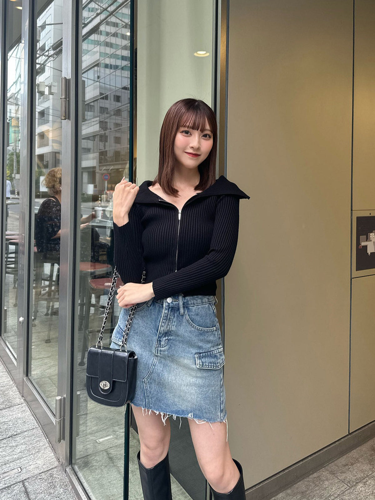 Zip-up rib knit top