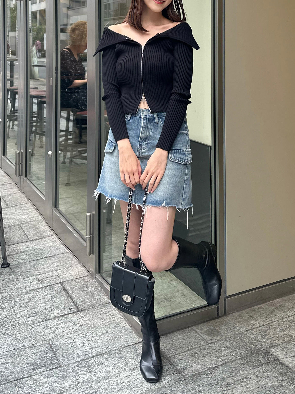 Zip-up rib knit top