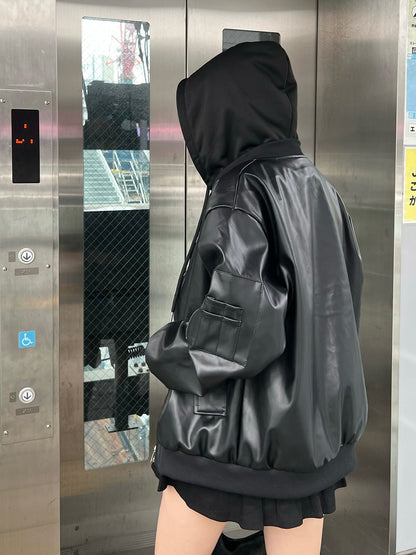 フーディージップレザータッチジャケット