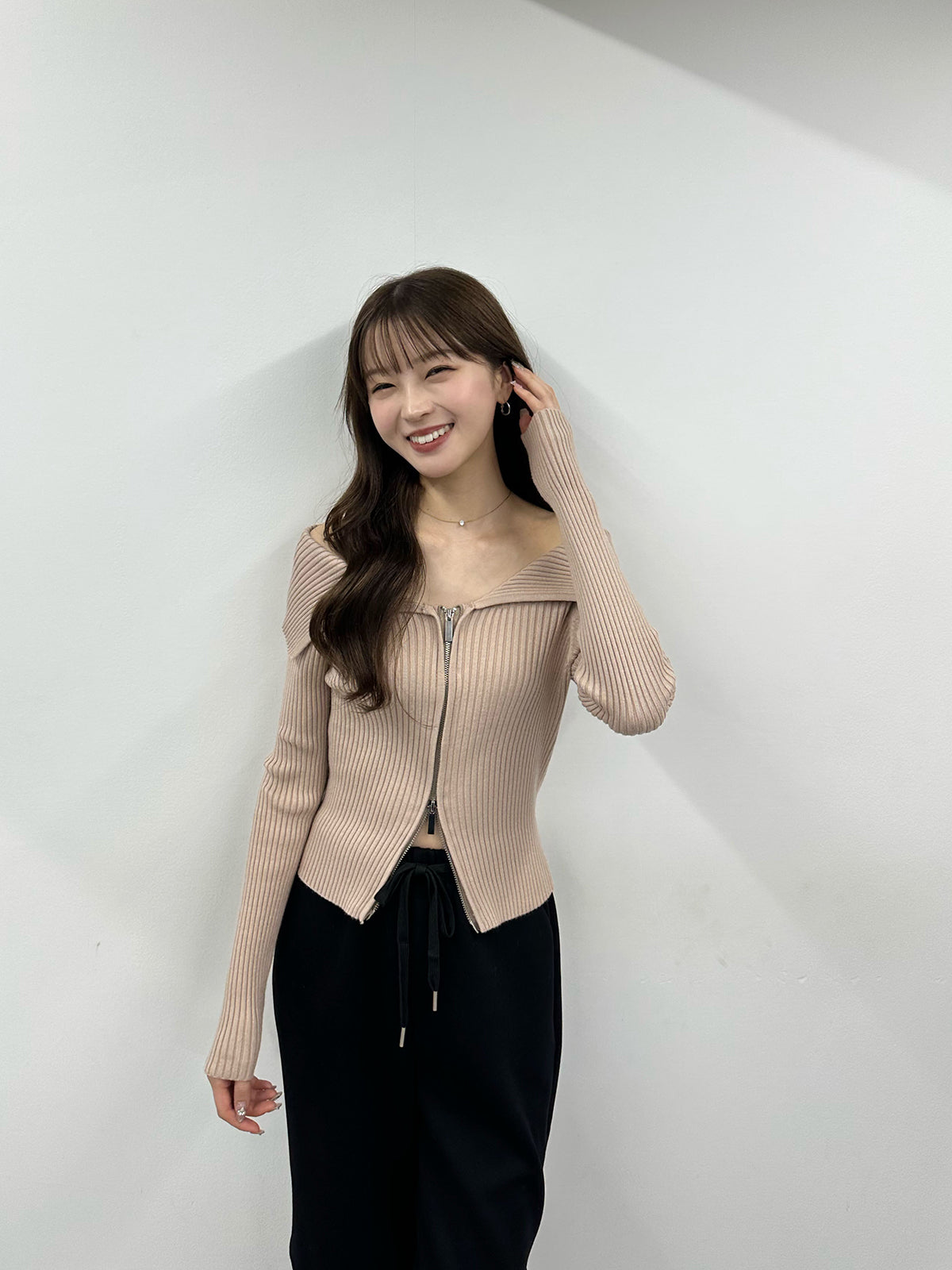 Zip-up rib knit top