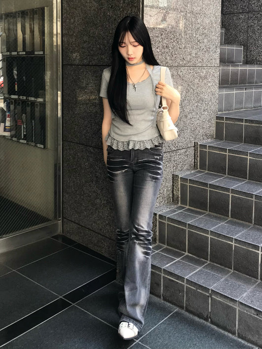 セミフレアウォッシングデニムパンツ