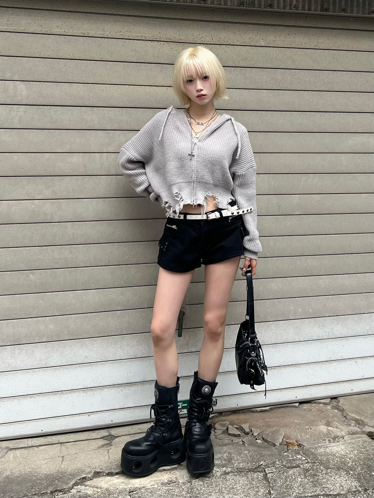 ダメージニットダブルジップパーカー