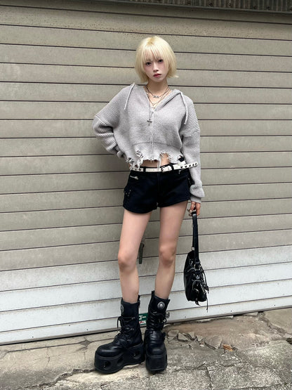 ダメージニットダブルジップパーカー