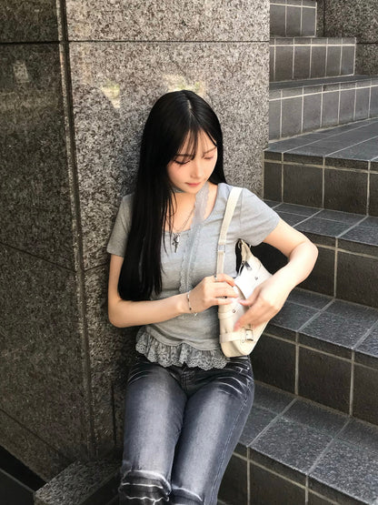 サイドギャザーレースタイカットソー