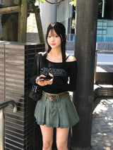 ベルトセットプリーツデニムミニスカート - ブルー