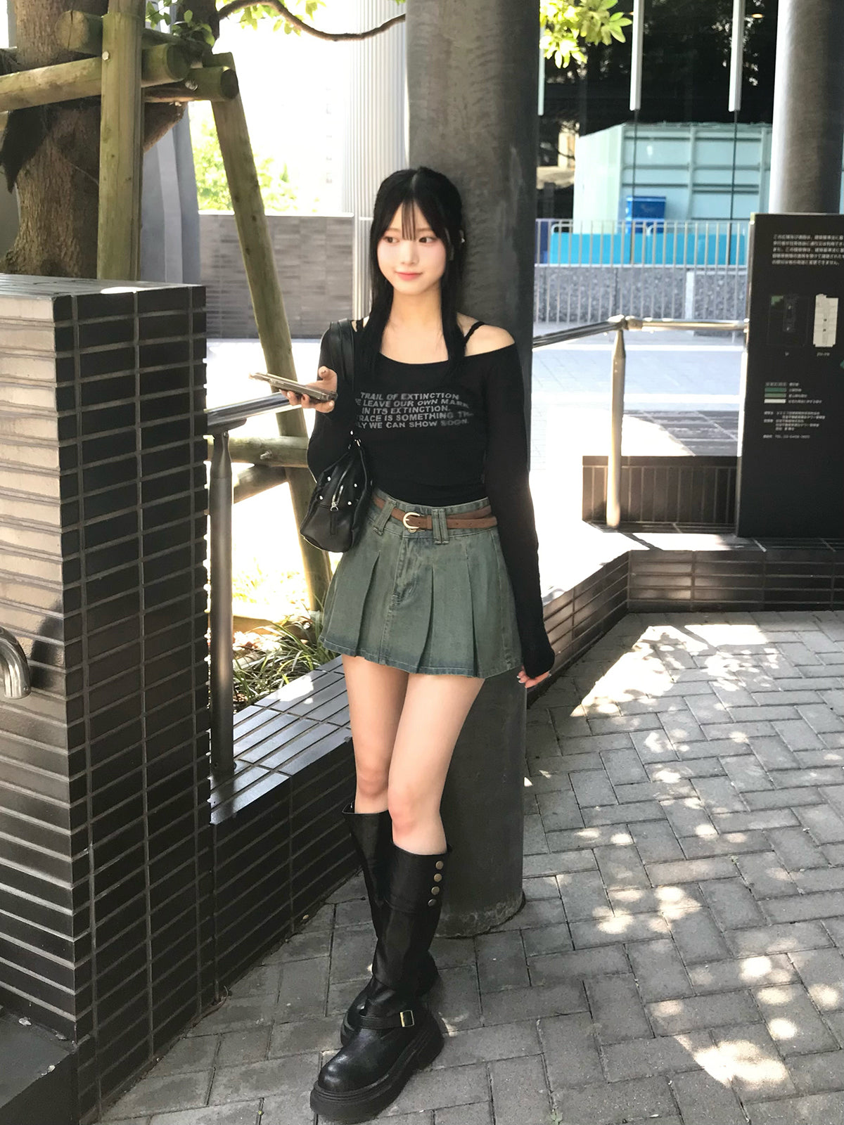 ベルトセットプリーツデニムミニスカート