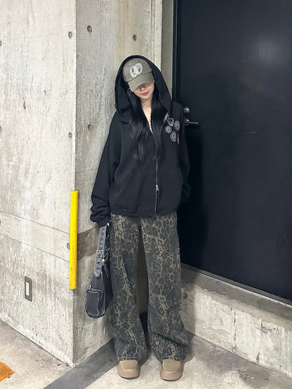 레오파드 와이드 데님 팬츠