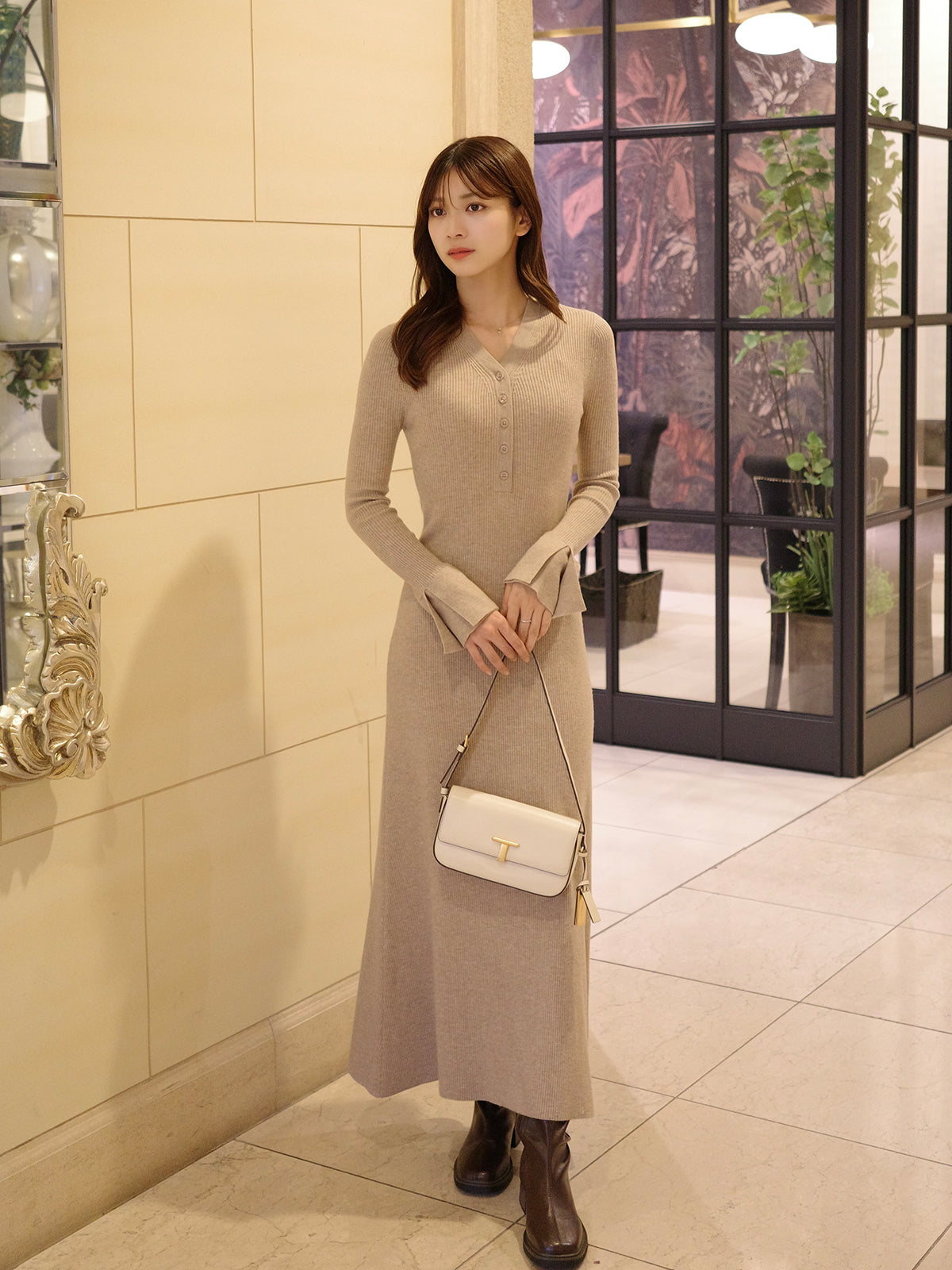 フロントボタンフレアニットワンピース【11月下旬予約】