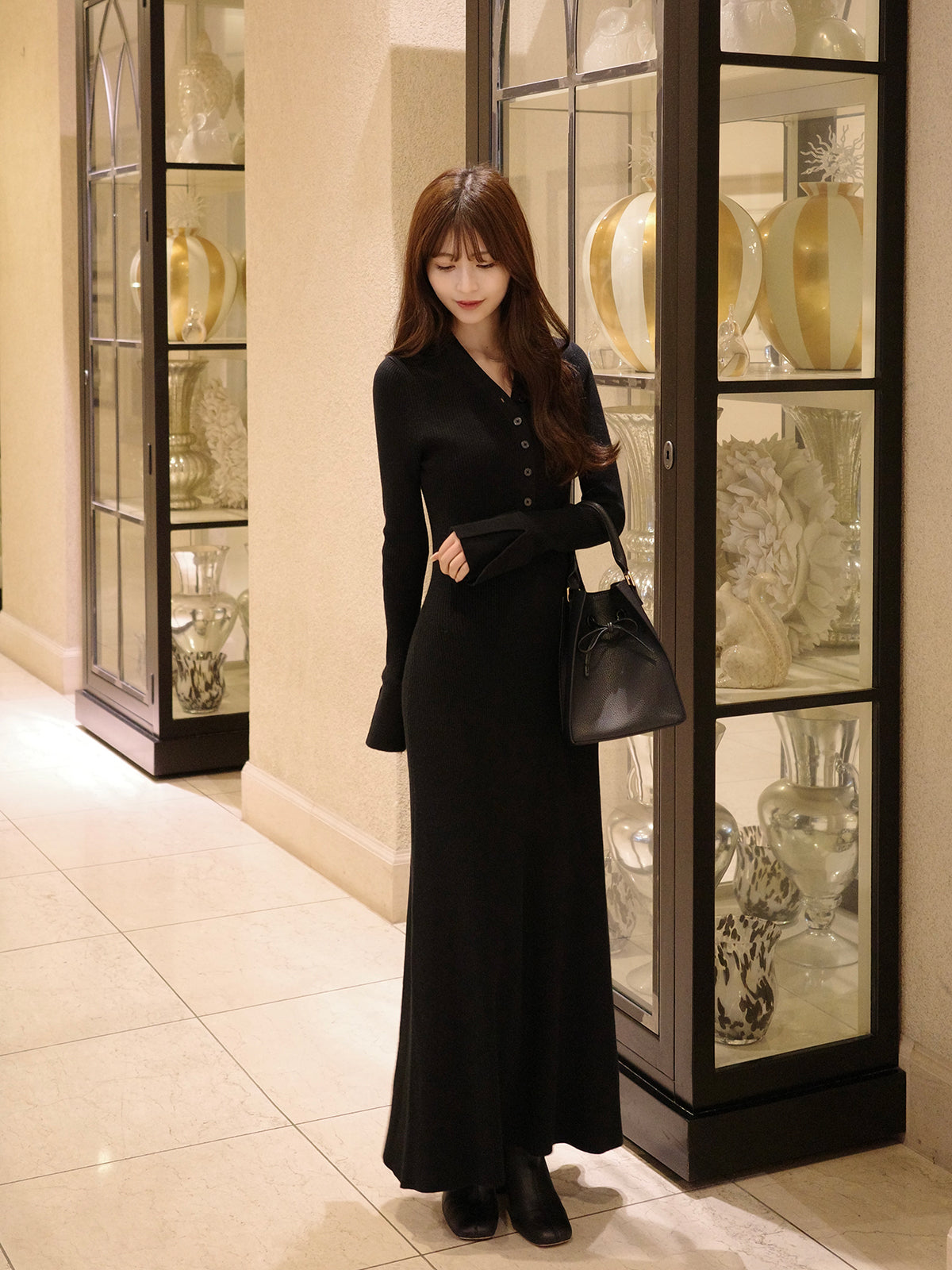 フロントボタンフレアニットワンピース【11月下旬予約】