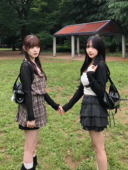 レースティアードチェックミニスカート