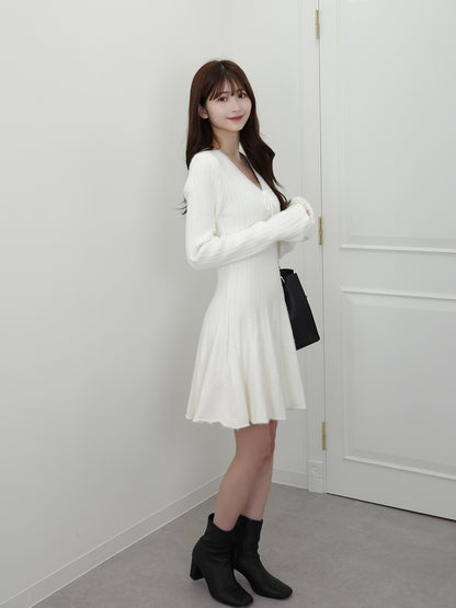 Vネックリボンニットミニワンピース