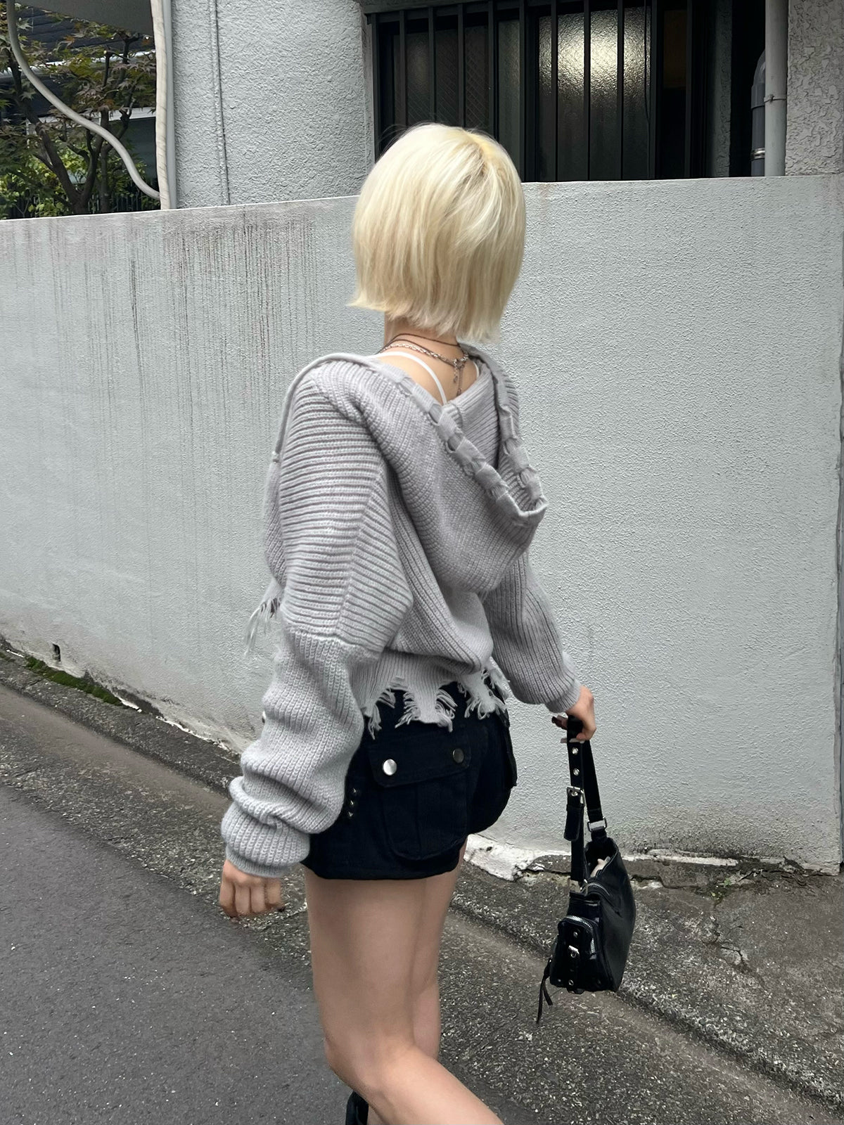 ダメージニットダブルジップパーカー