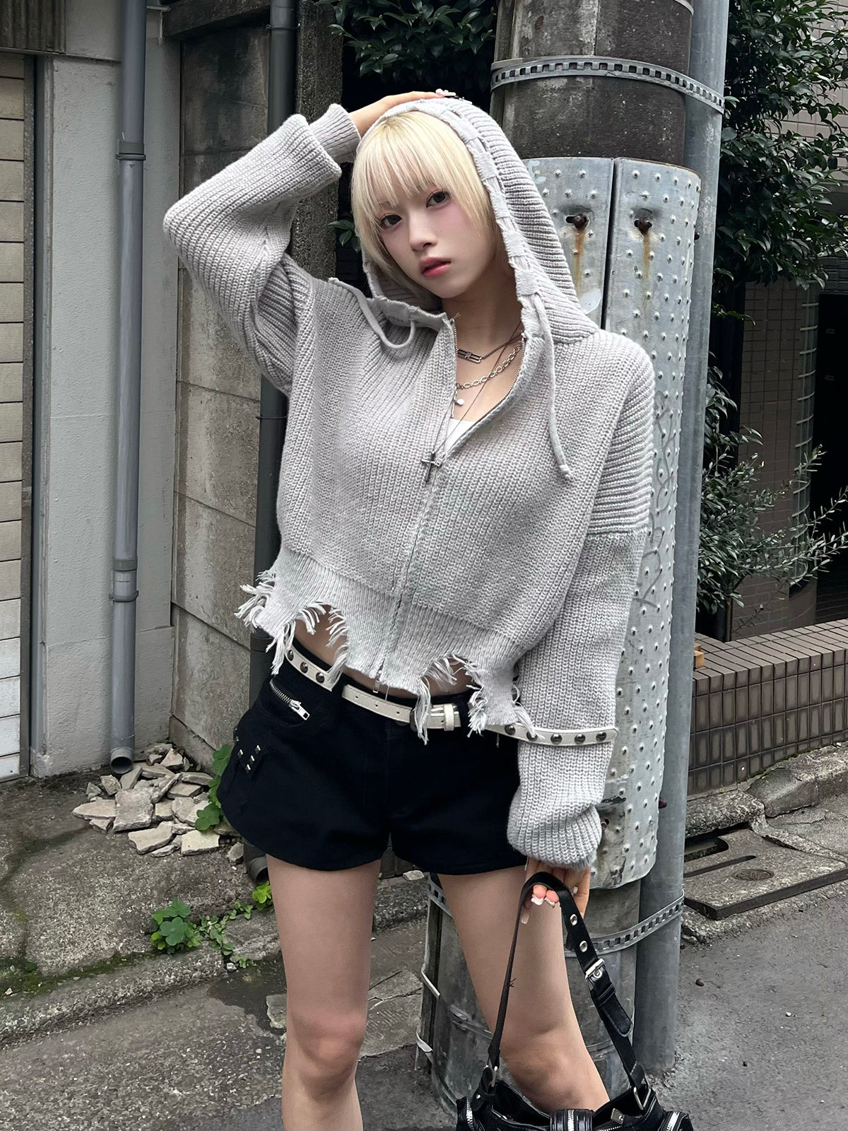 ダメージニットダブルジップパーカー