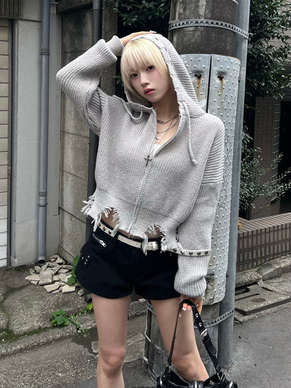 ダメージニットダブルジップパーカー