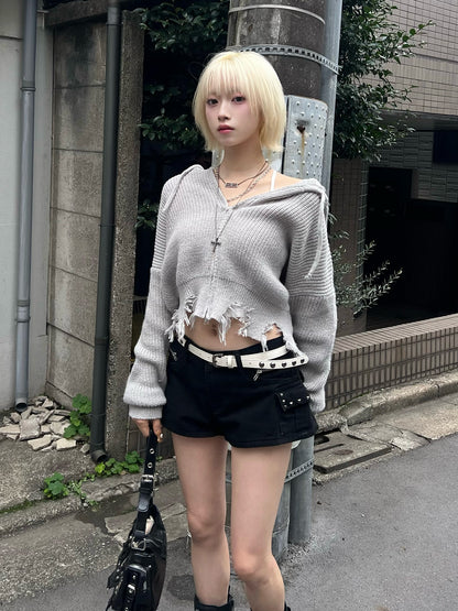 ダメージニットダブルジップパーカー