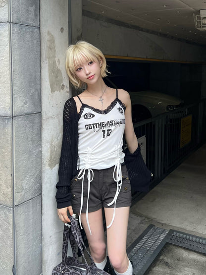 スタッズカーキデニムショートパンツ