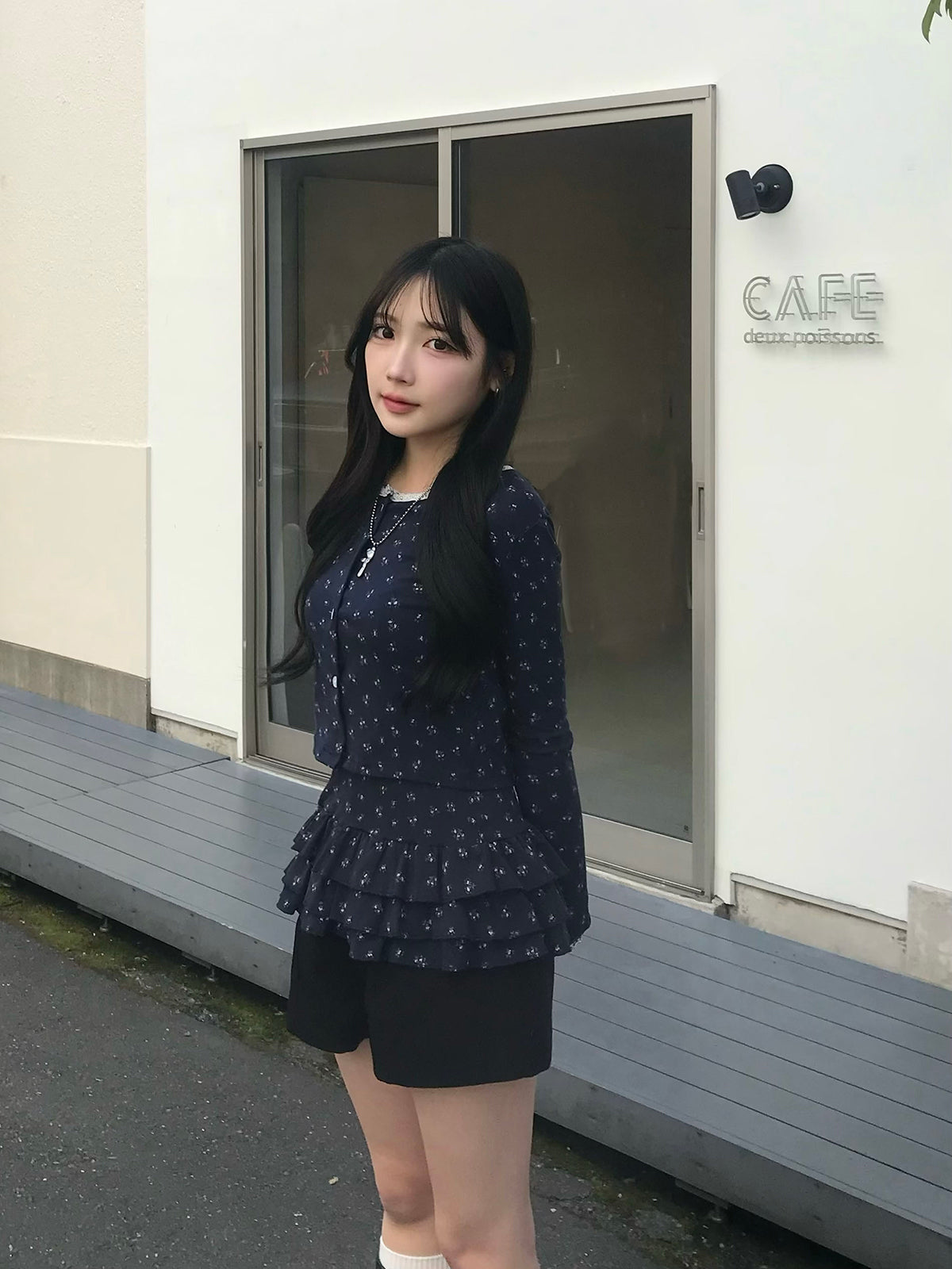 Frill Camisole Set with Flower Design Cardigan