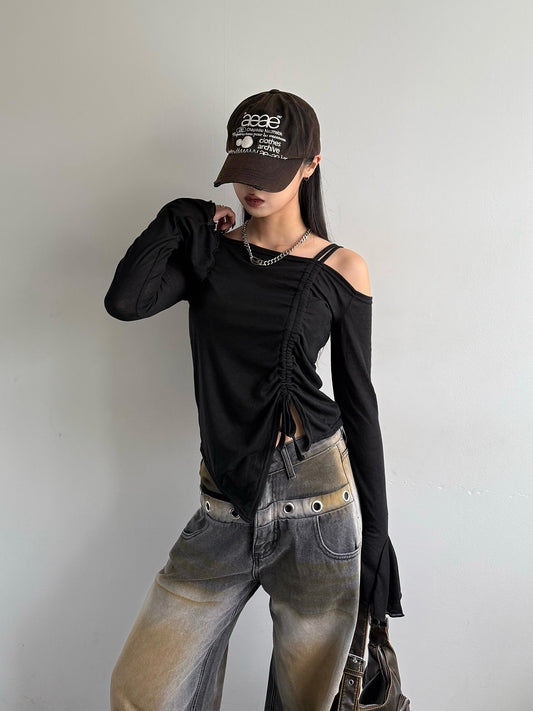 4/17★Photo One-Shoulder Asymmetrical Gathered Cut Sew