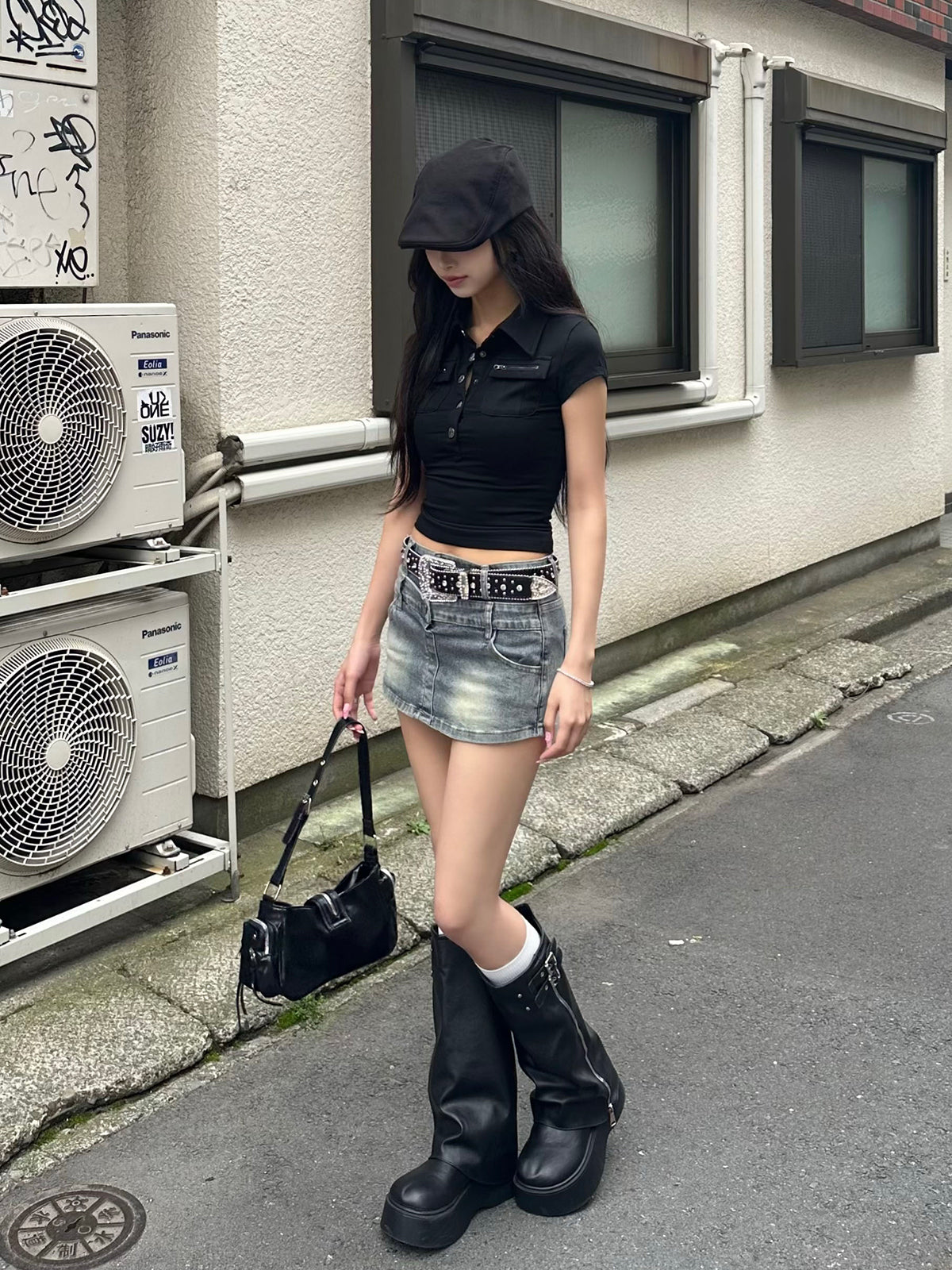 ダブルウエストデニムミニスカパン